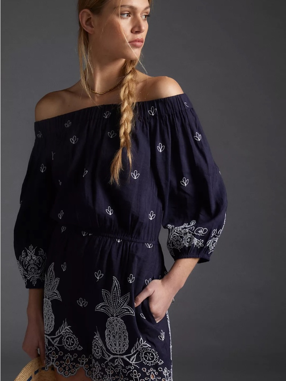 FARM Rio Navy Off-Shoulder Embroidered Jumpsuit with White Motifs